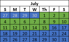 Half Month Split Even Years Schedule Example July